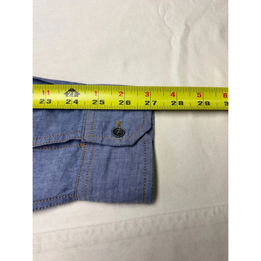 True‎ Religion Mens XL Blue Chambray Button Down Shirt Horseshoe Stitching Long